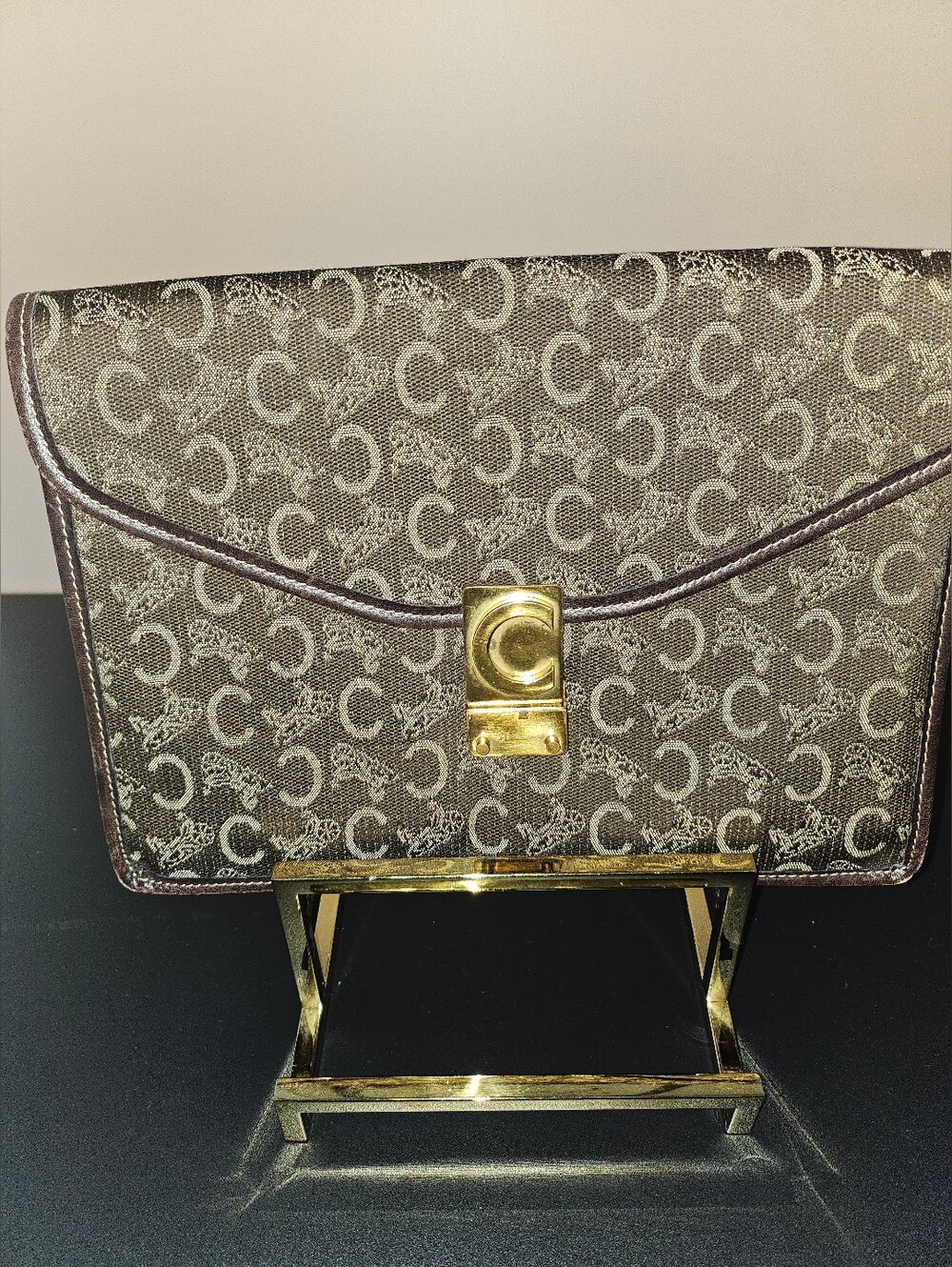 Celine Brown Triomphe Monogram Envelope Clutch with Gold Hardware